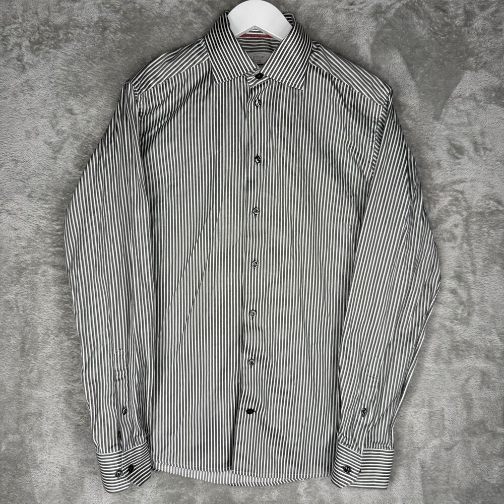 Eton Dress Shirt Mens 15.5 39 Gray White Striped Formal Business Button Up Slim